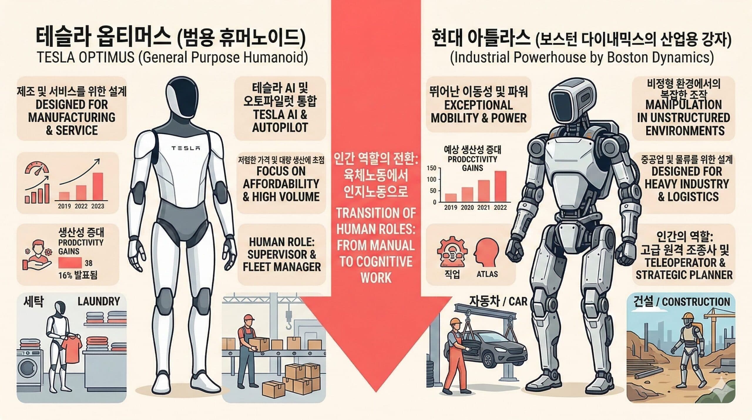 AI 시대 인간의 역할: 테슬라 옵티머스 vs 현대차 아틀라스 로봇 전쟁의 실체