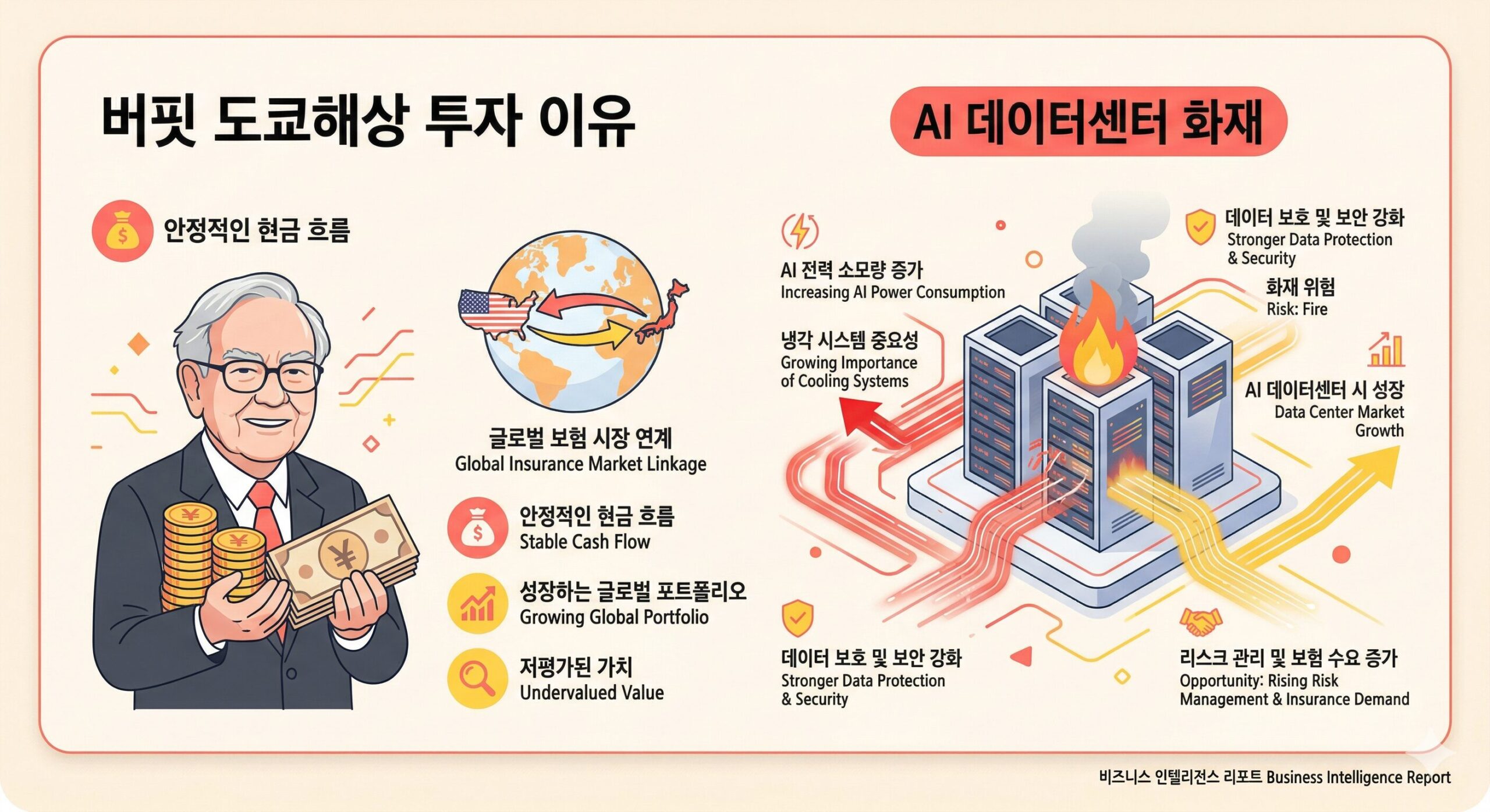 버핏 도쿄해상 투자 이유와 AI 데이터센터 화재 연관성 분석 히어로 인포그래픽