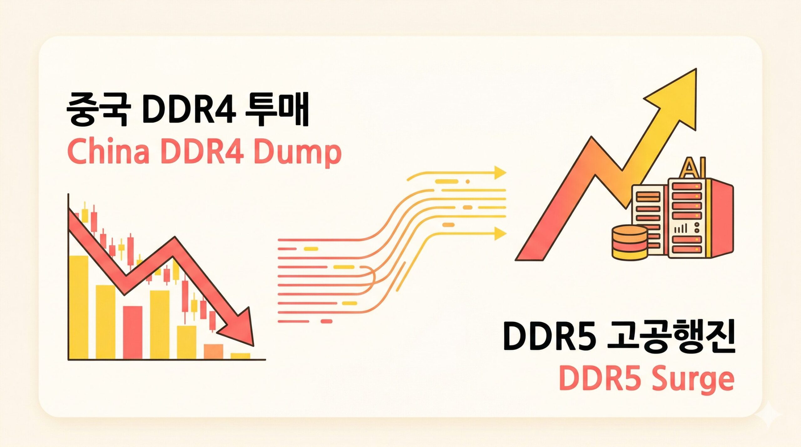 중국 DDR4 투매와 DDR5 메모리 가격 고공행진의 엇갈린 시장 상황 히어로 인포그래픽