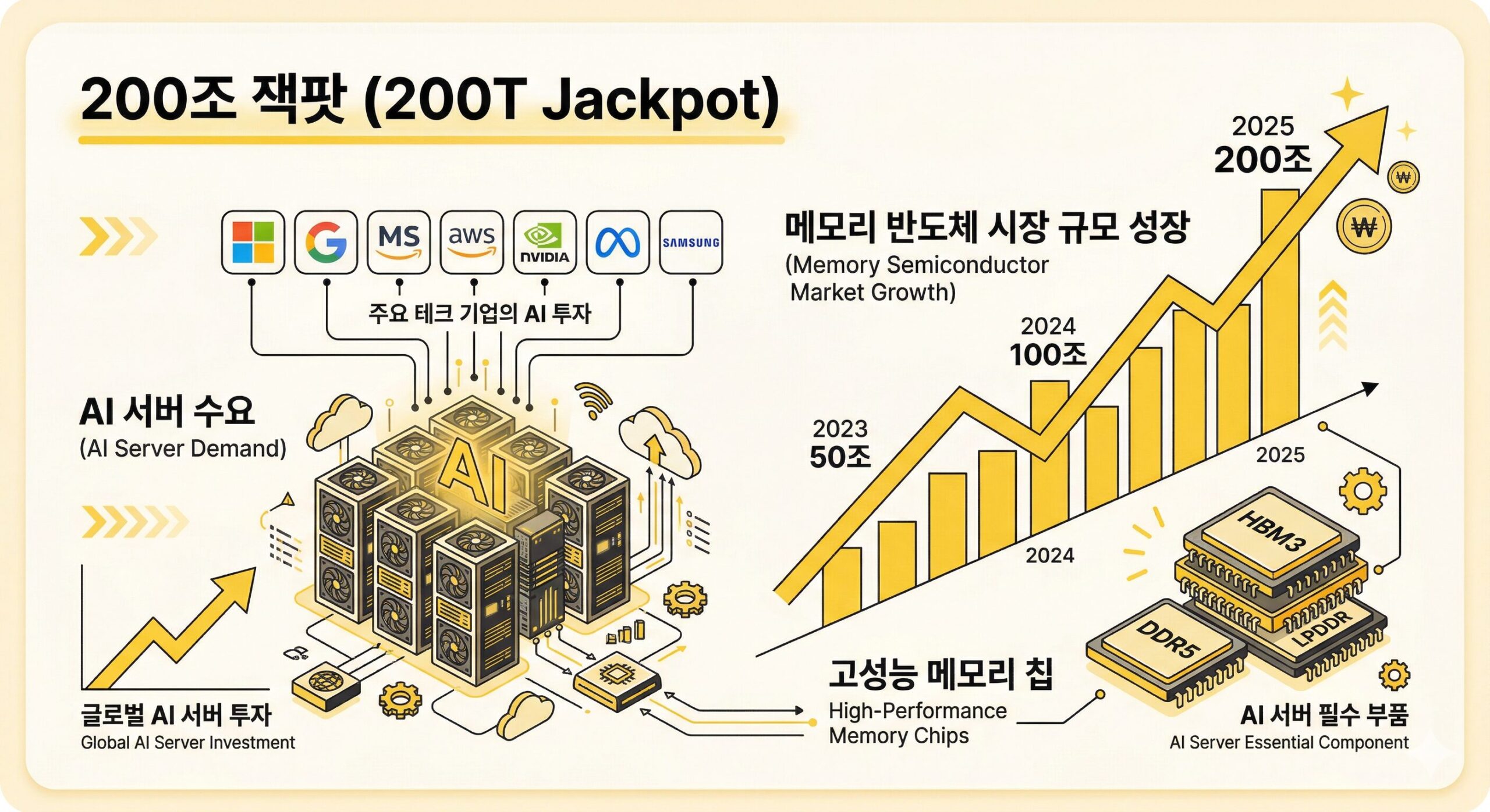 AI 수요 폭증으로 인한 삼성전자와 SK하이닉스 200조 원 잭팟 기대감 인포그래픽
