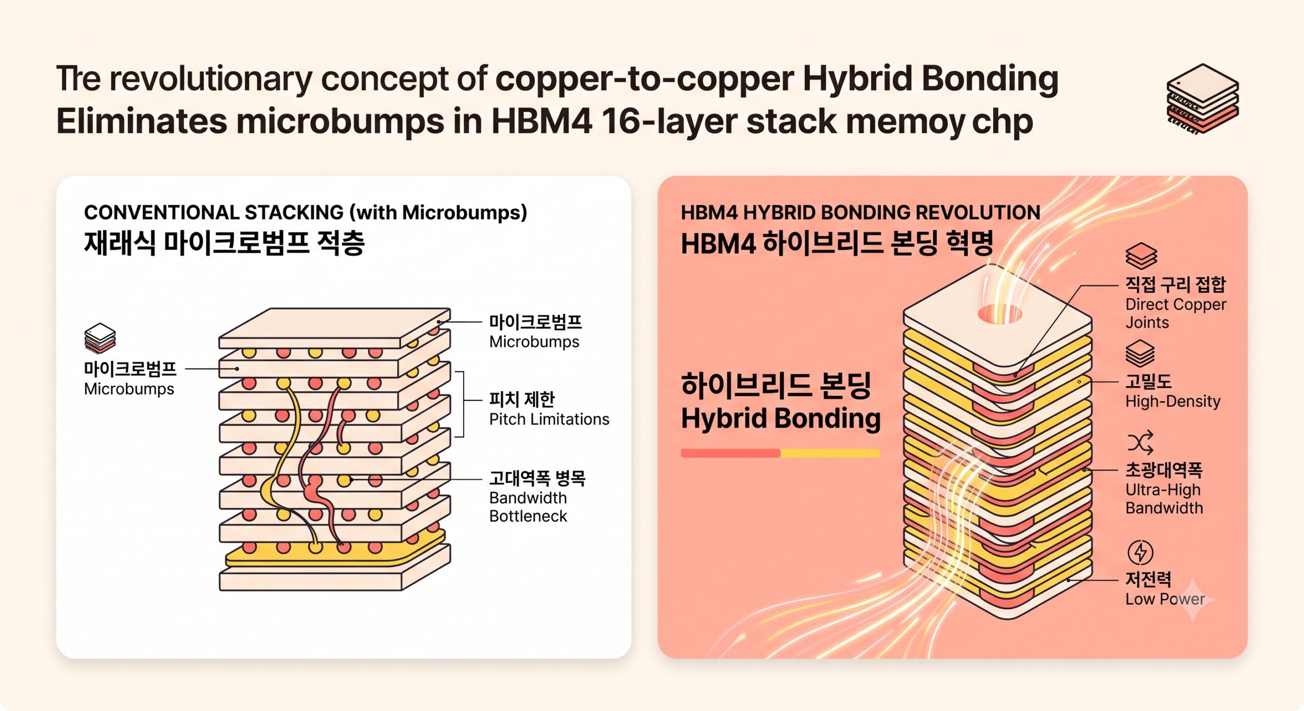 2026년 HBM4 16단 적층을 위한 하이브리드 본딩(Hybrid Bonding) 기술 구조 인포그래픽