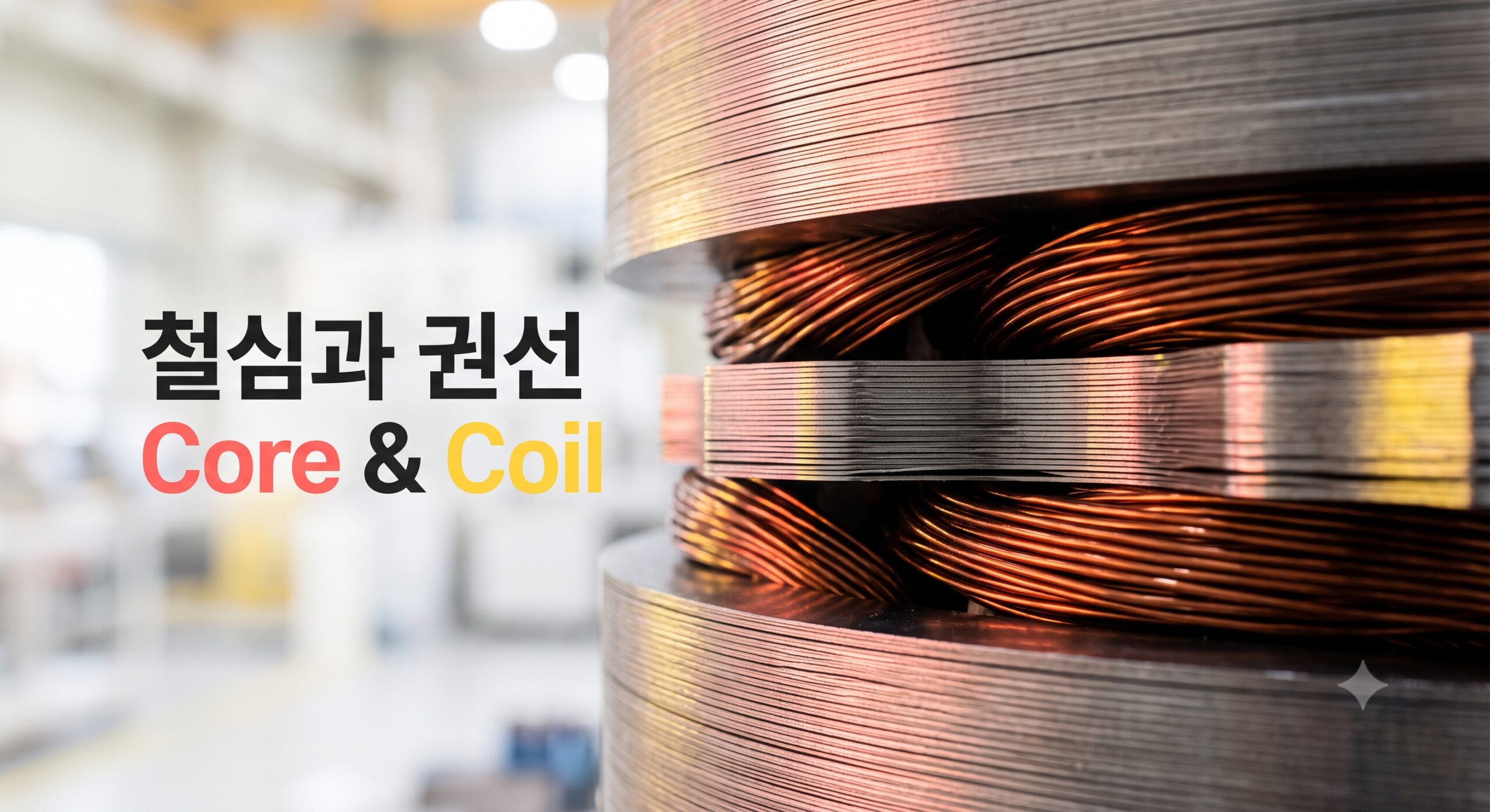 초고압 변압기의 핵심 부품인 방향성 전기강판 철심과 수작업 구리 코일 권선 공정